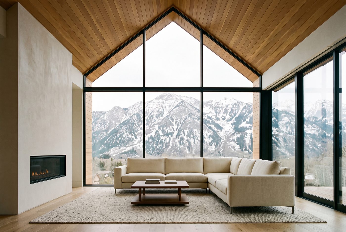 Modern A-frame mountain home framing snow-capped peaks in Aspen