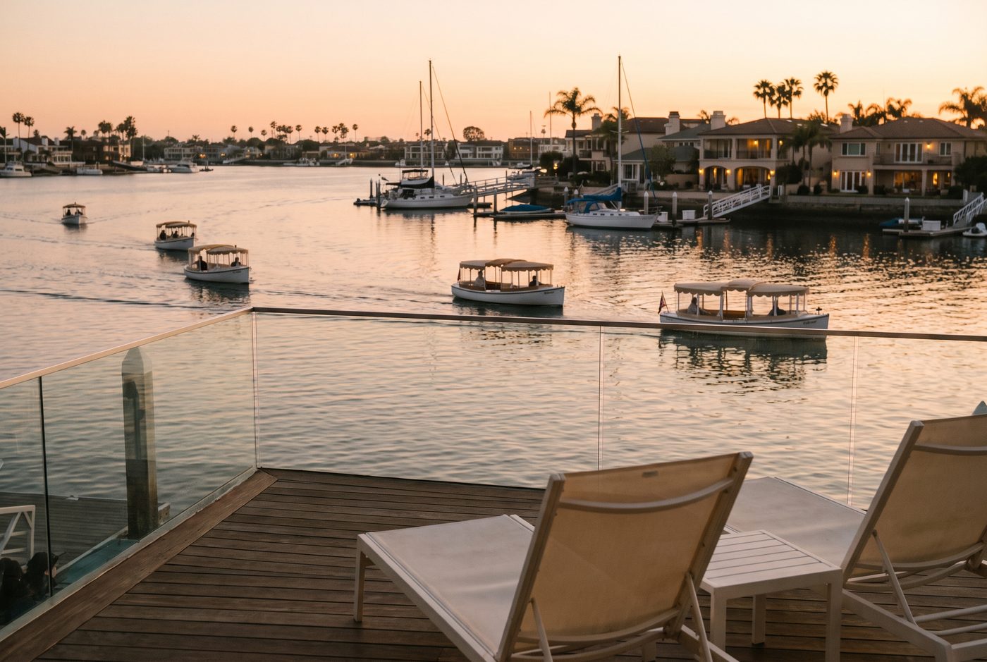 Harbor-front deck at sunset in Newport Beach