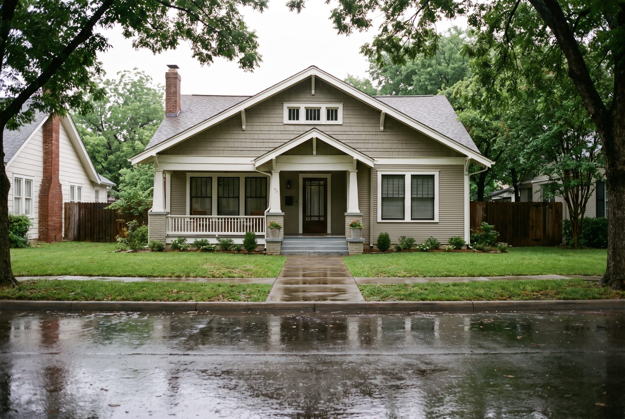 A classic Craftsman home with a deep front porch on a leafy Portland street after rain