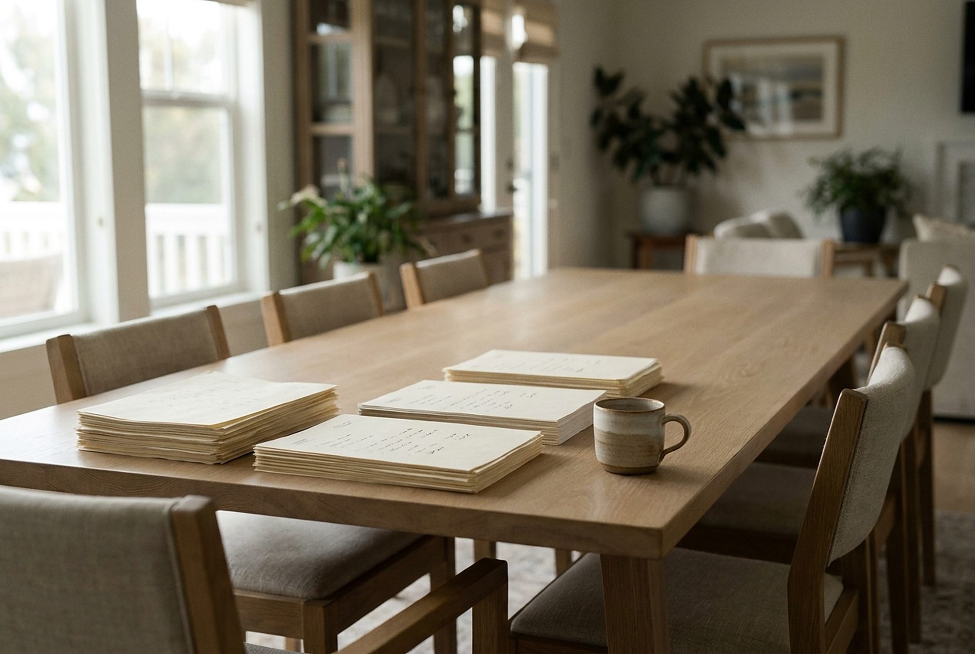 Styled scene: three document sets laid side by side on an oak dining table