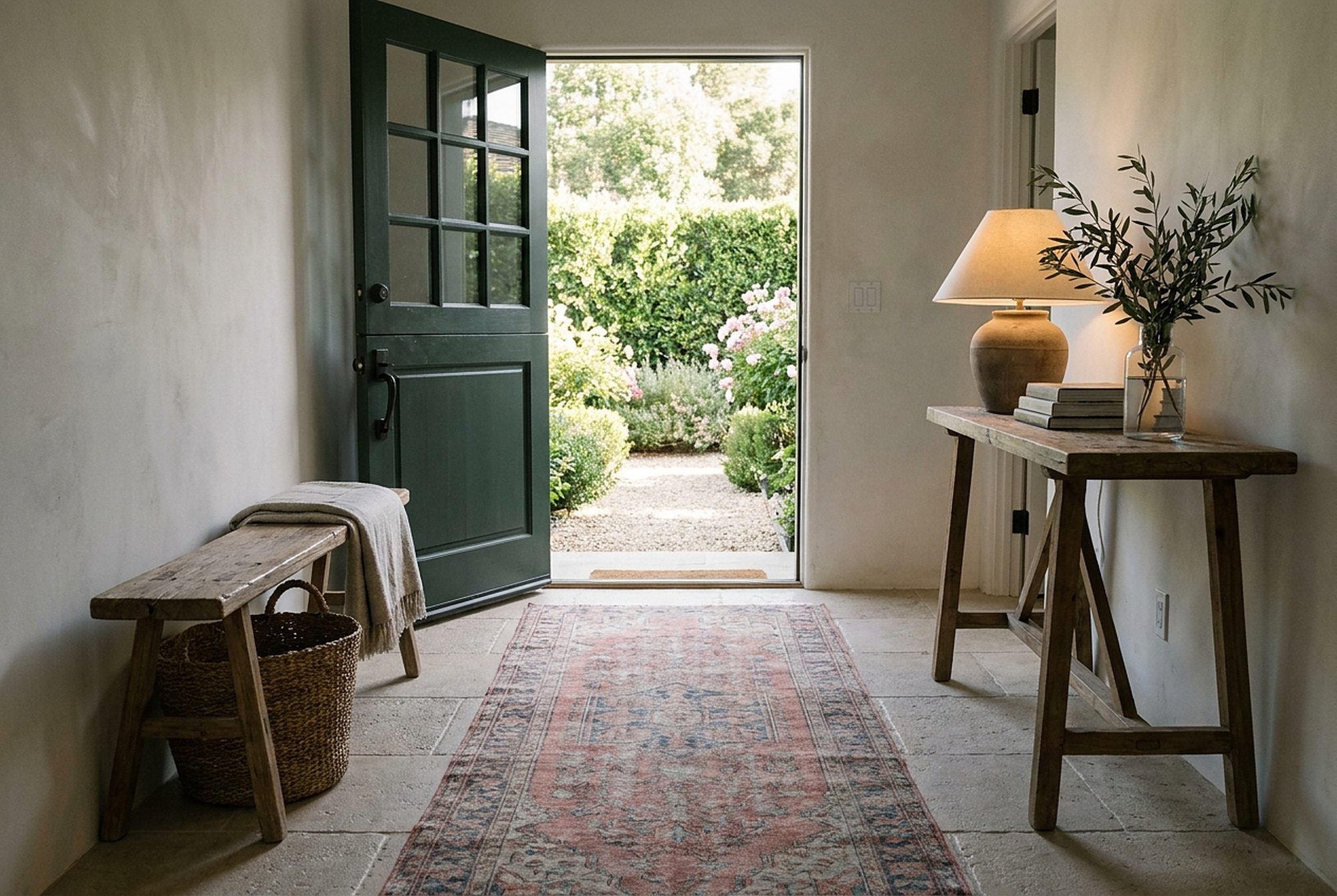 Styled interior scene: entry foyer with a Dutch door, sunlight, and woven textures