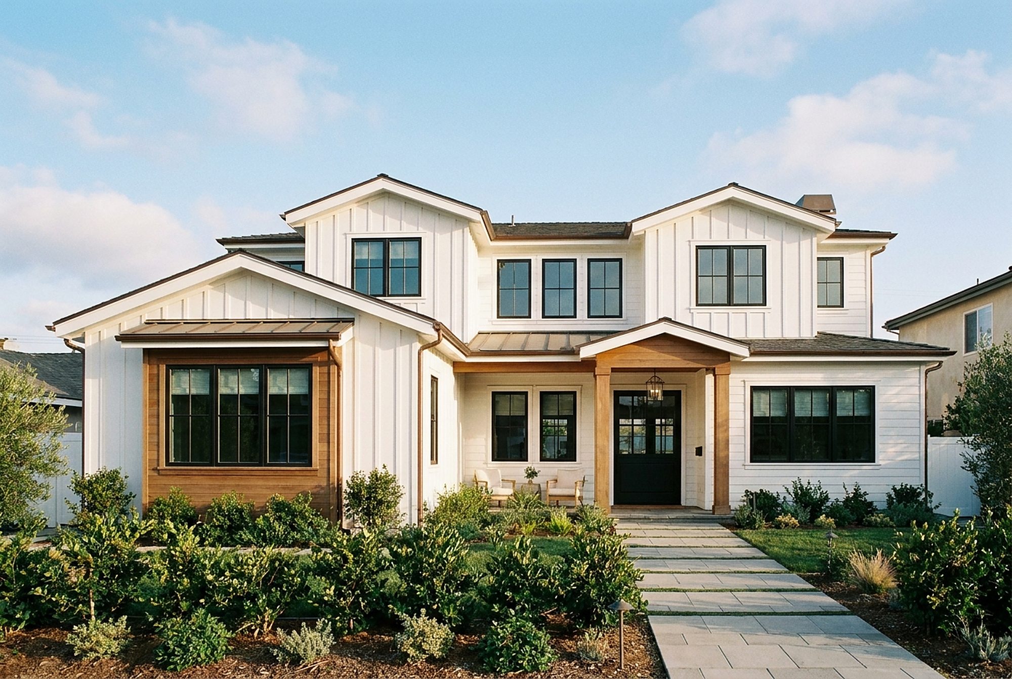 Styled exterior scene: white board-and-batten home with gabled roofline, Dutch door, and boxwood hedges